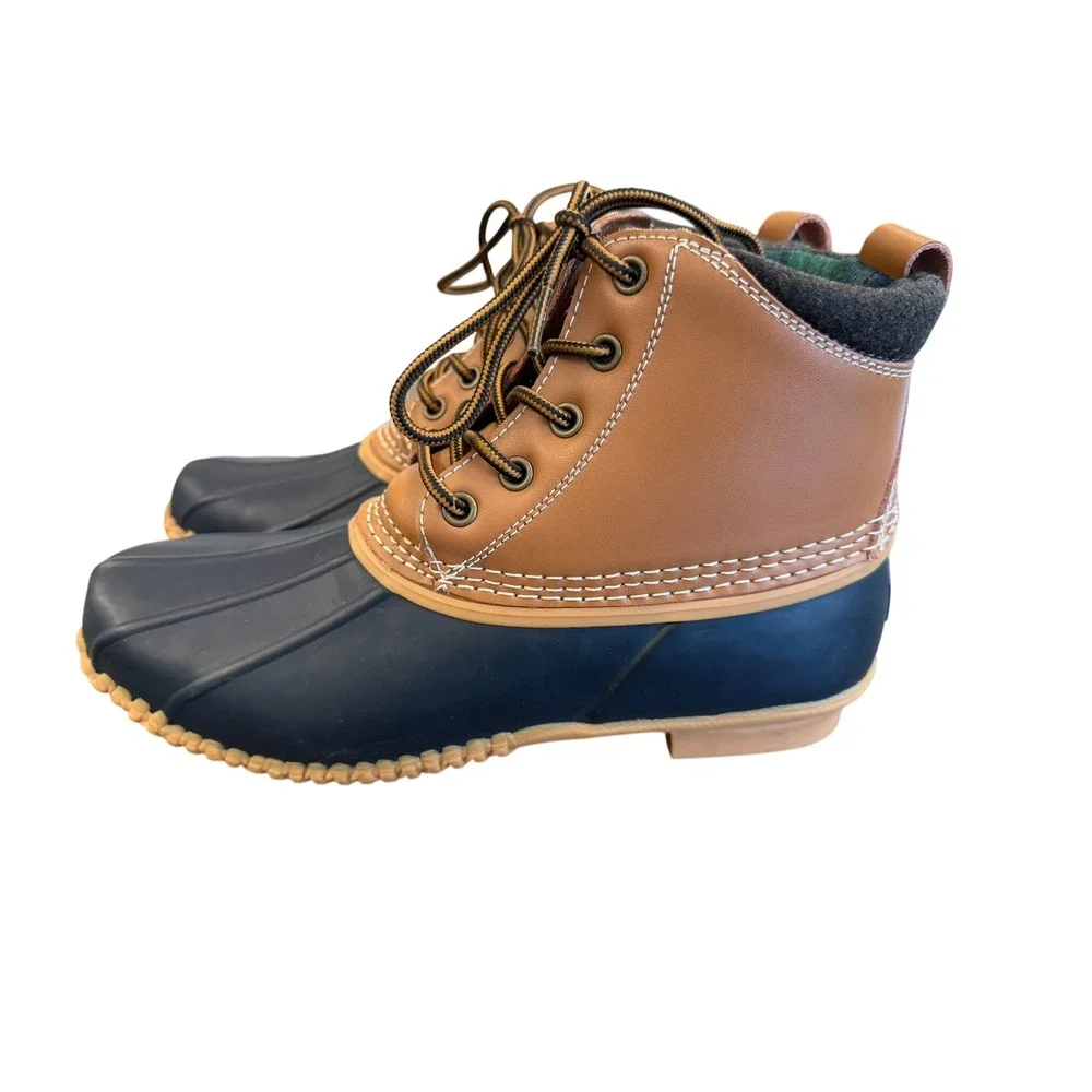 Lands End Womens Insulated Duck‎ Boots Navy Tan Plaid Lined Size 9M 550708